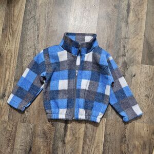 Vintage Infant Baby Blue and White Plaid Fleece Zip-up, Size 24 Months, EUC